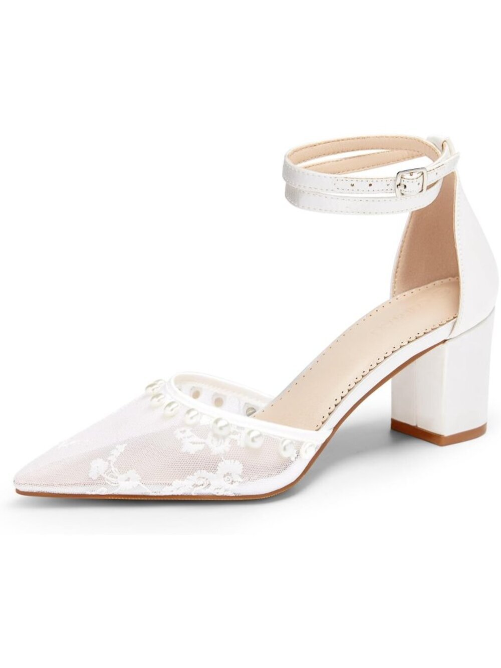 Women's White Lace Pearl Chunky Heels Closed Pointed Toe Ankle Strap Shoes